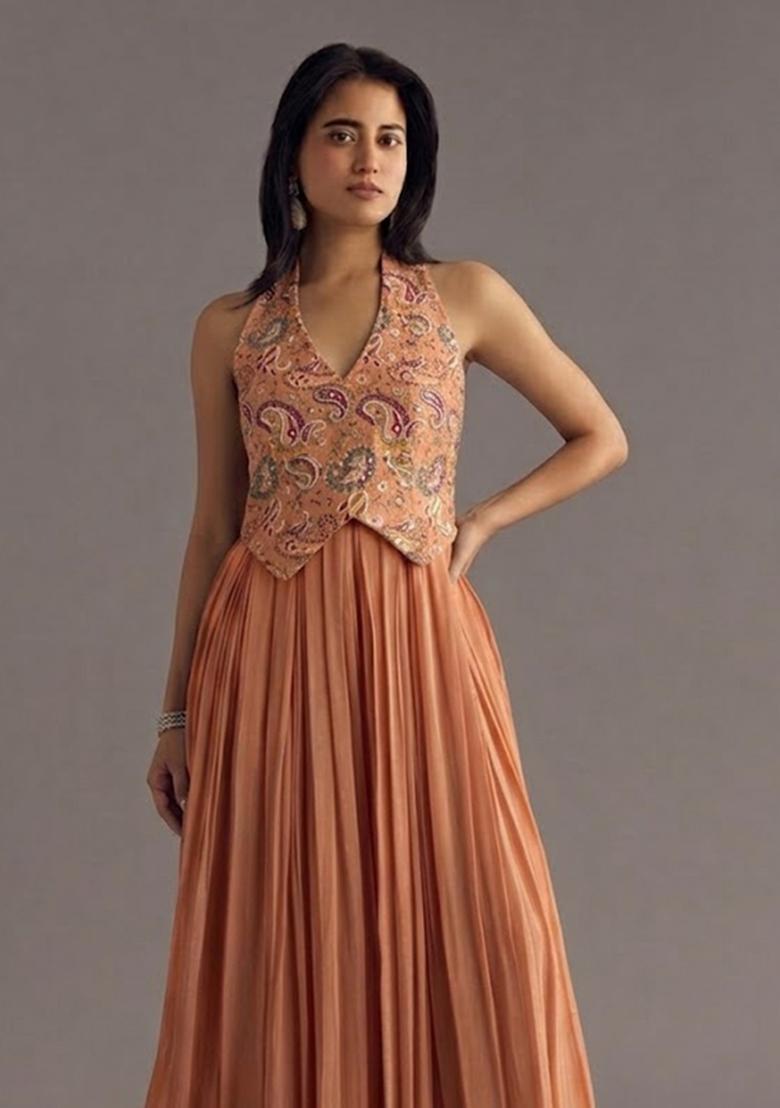 Peach Printed Crepe Fusion Set - Indya