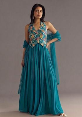 Teal Printed Crepe Fusion Set