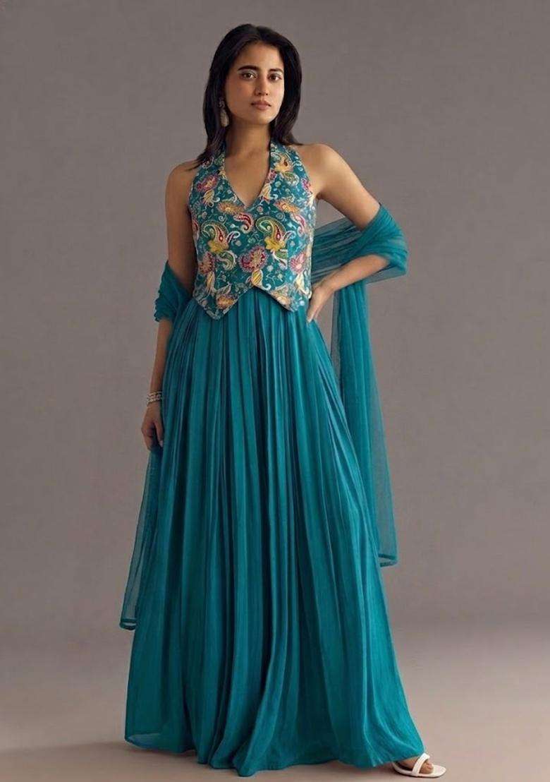 Teal Printed Crepe Fusion Set for Diwali and Festive Wear - Indya