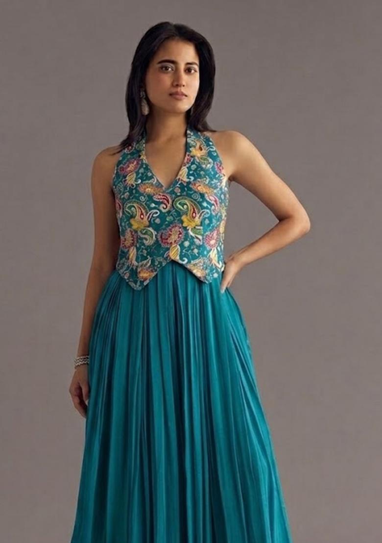 Teal Printed Crepe Fusion Set - Indya