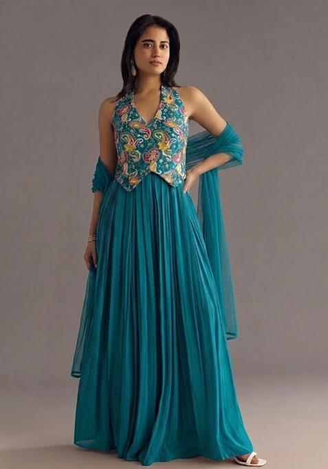 Teal Printed Crepe Fusion Set