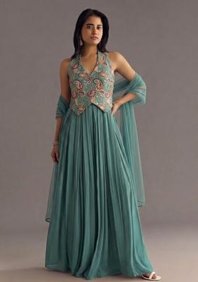 Pastel Blue Printed Crepe Fusion Set