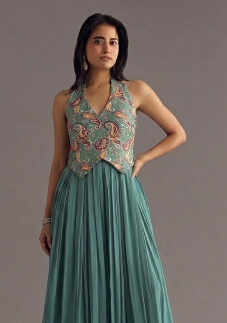 Pastel Blue Printed Crepe Fusion Set - Indya