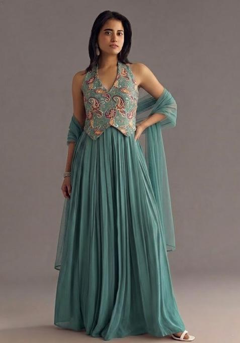 Pastel Blue Printed Crepe Fusion Set