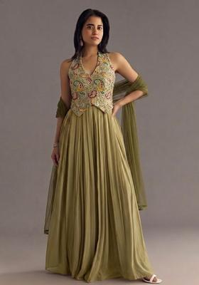 Olive Green Printed Crepe Fusion Set