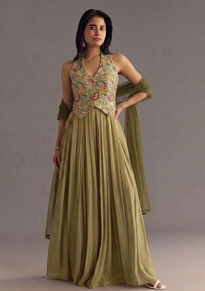 Olive Green Printed Crepe Fusion Set - Indya