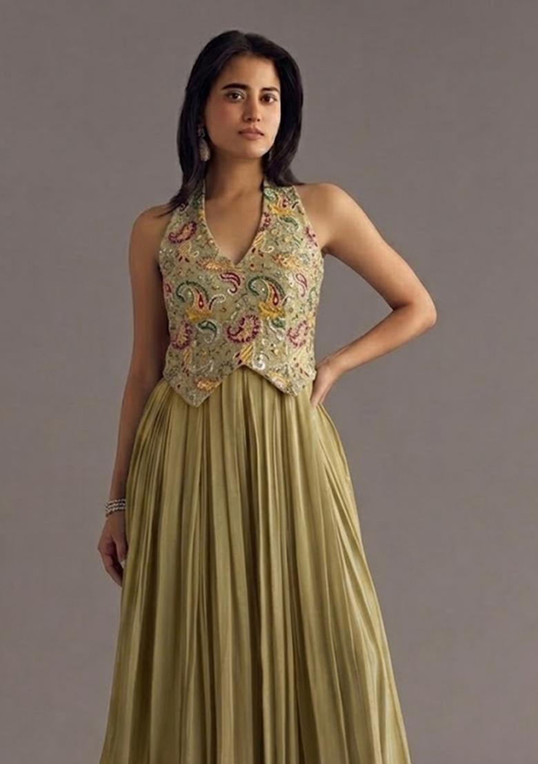 Olive Green Printed Crepe Fusion Set - Indya