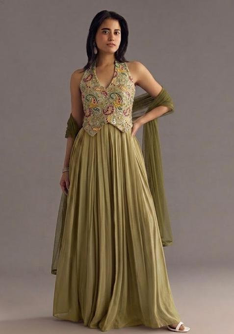 Olive Green Printed Crepe Fusion Set