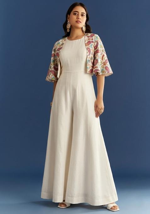 Off White Printed Crepe Fusion Set