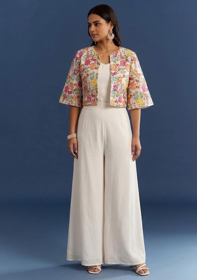 White Printed Crepe Fusion Set - Indya