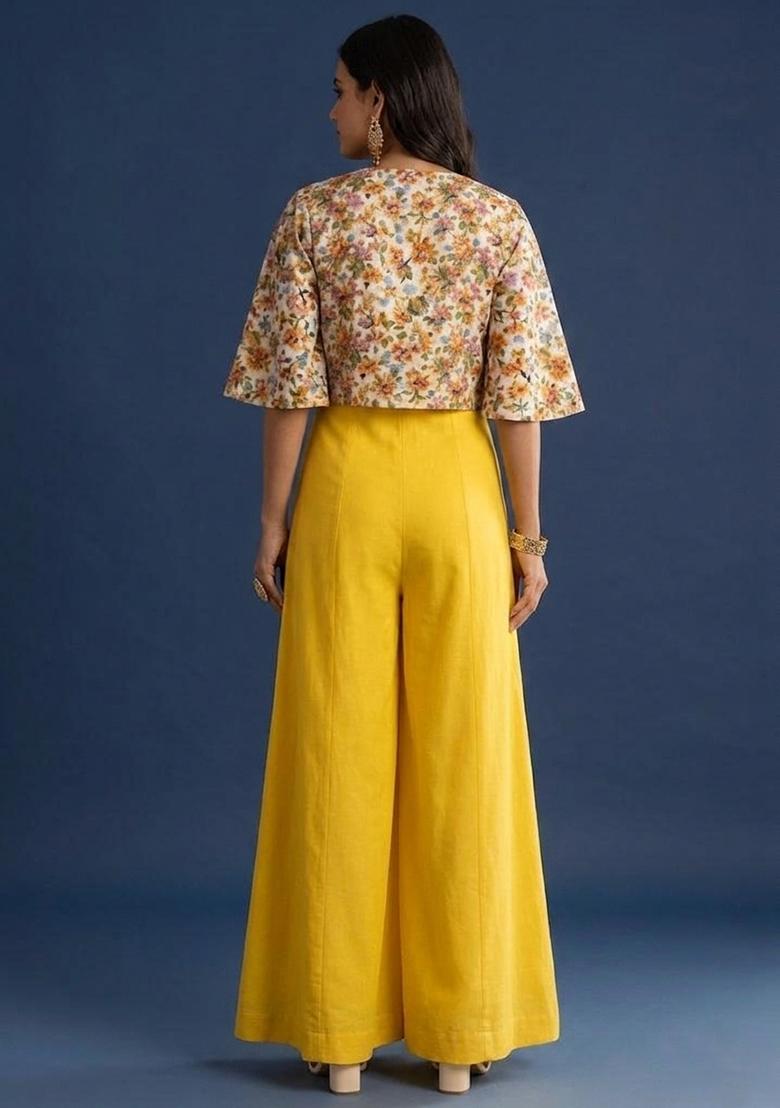 Cream Printed Crepe Fusion Set - Indya