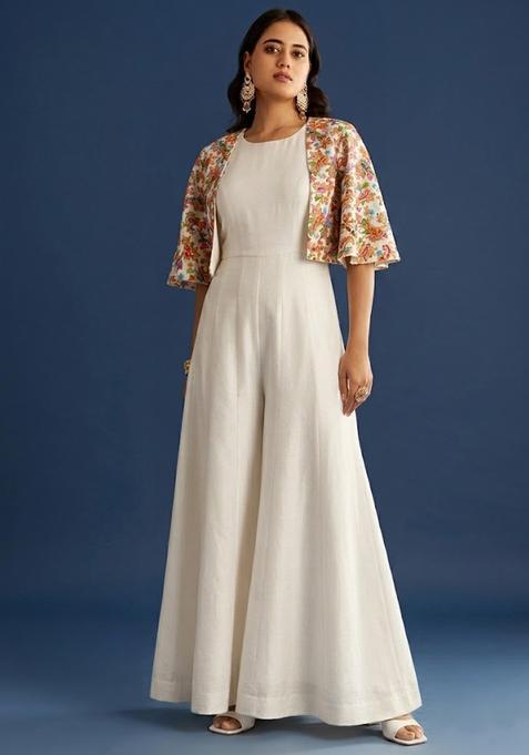 Cream Printed Crepe Fusion Set