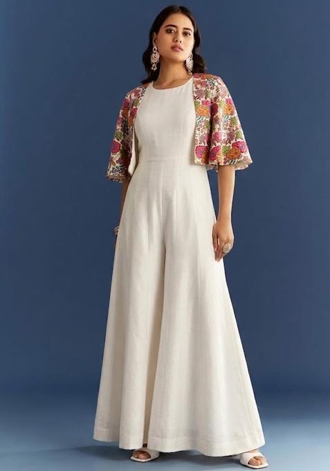 Off White Printed Crepe Fusion Set