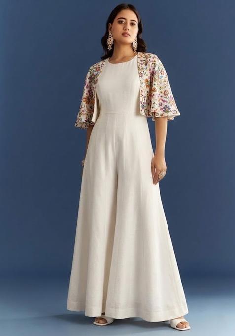 Cream Printed Crepe Fusion Set