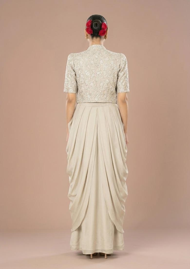 Cream Embroidered Silk Fusion Set - Indya