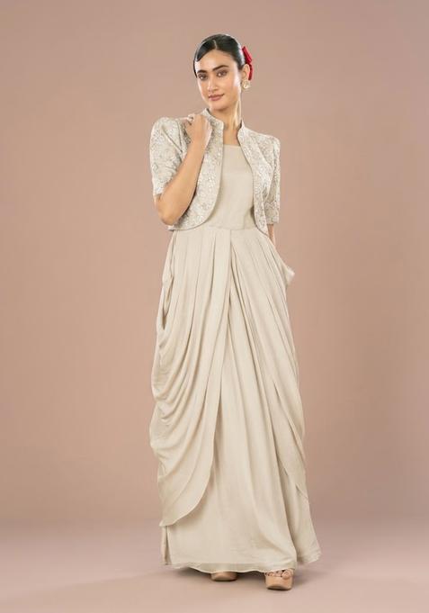 Cream Embroidered Silk Fusion Set