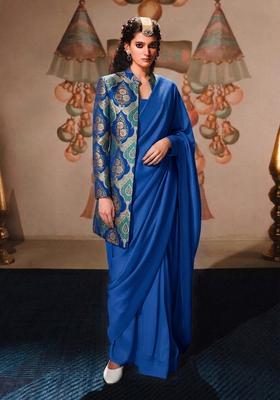 Royal Blue Printed Jacquard Pre Draped Saree Set