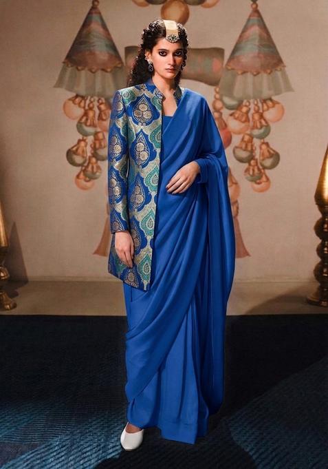 Royal Blue Printed Jacquard Pre Draped Saree Set