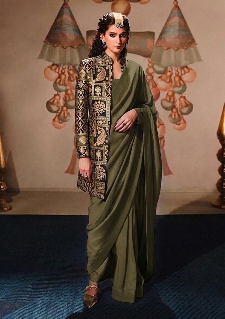 Olive Green Printed Jacquard Pre Draped Saree Set - Indya
