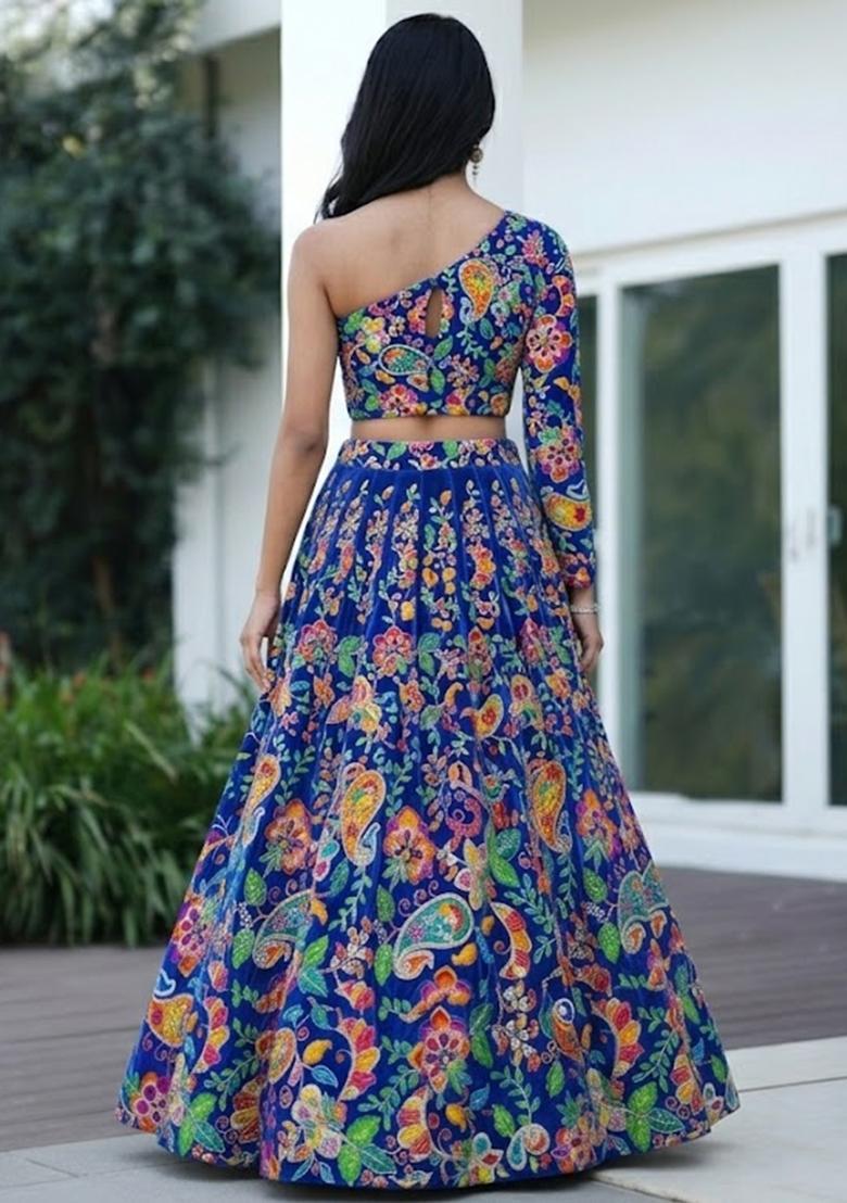 Cobalt Blue Printed Crepe Lehenga Set - Indya