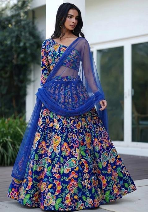 Cobalt Blue Printed Crepe Lehenga Set
