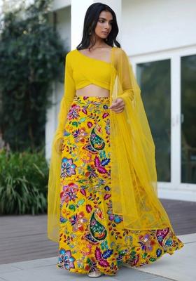 Mustard Yellow Printed Crepe Lehenga Set