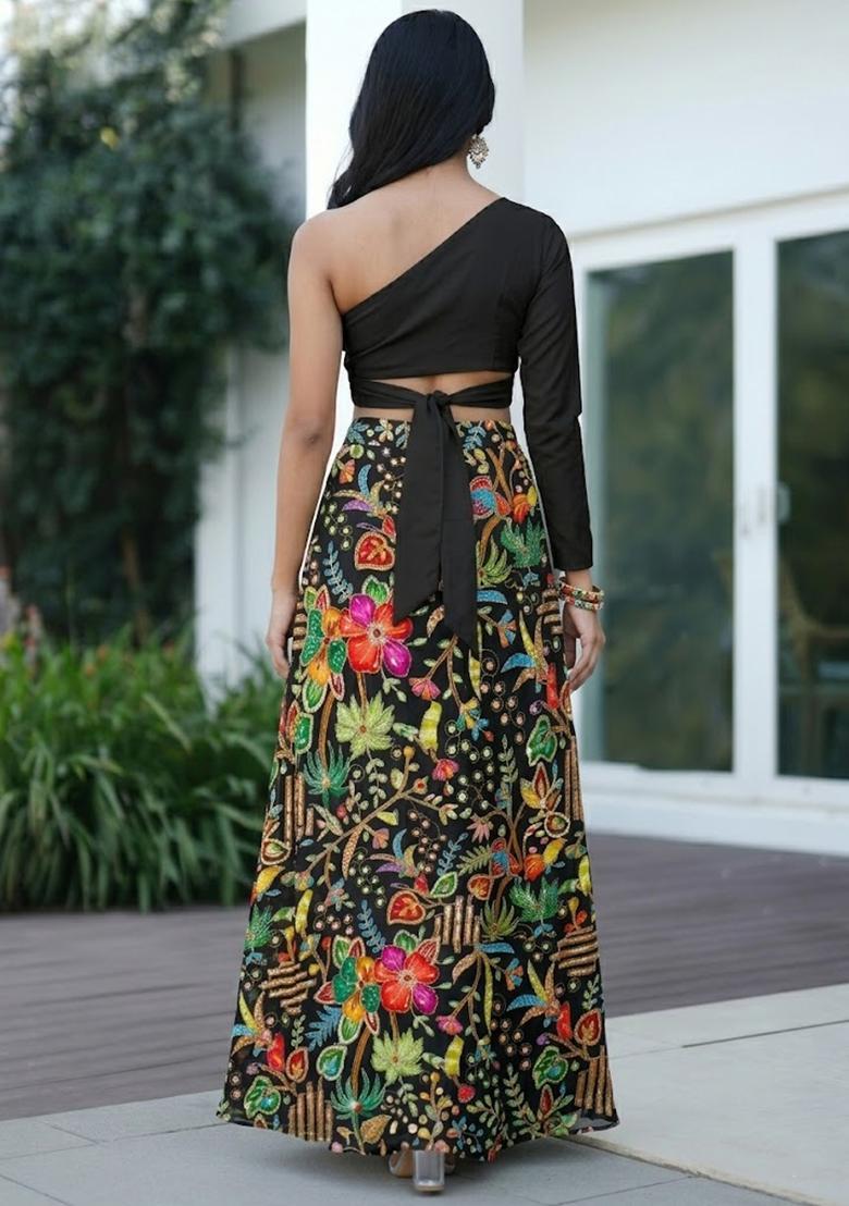 Black Printed Crepe Lehenga Set - Indya