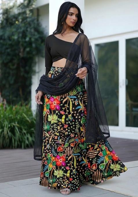 Black Printed Crepe Lehenga Set