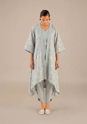 Powder Grey Embroidered Chanderi Fusion Set