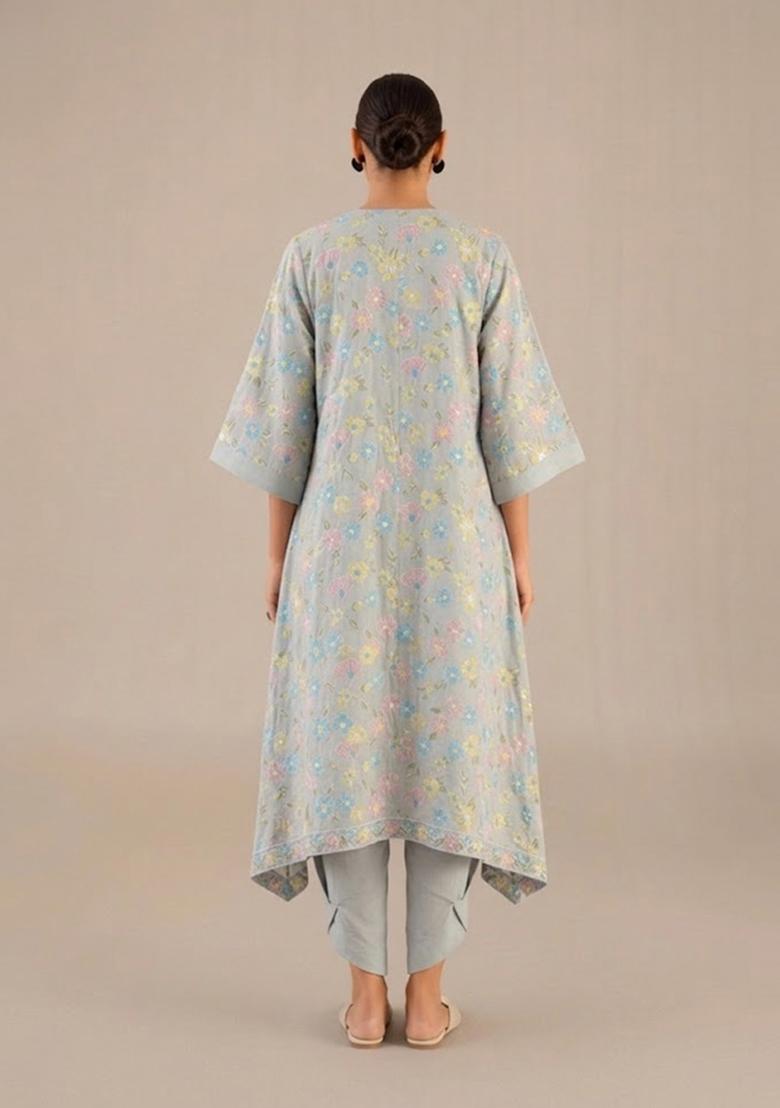 Powder Grey Embroidered Chanderi Fusion Set - Indya