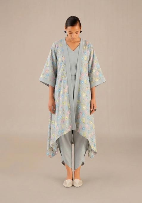 Powder Grey Embroidered Chanderi Fusion Set