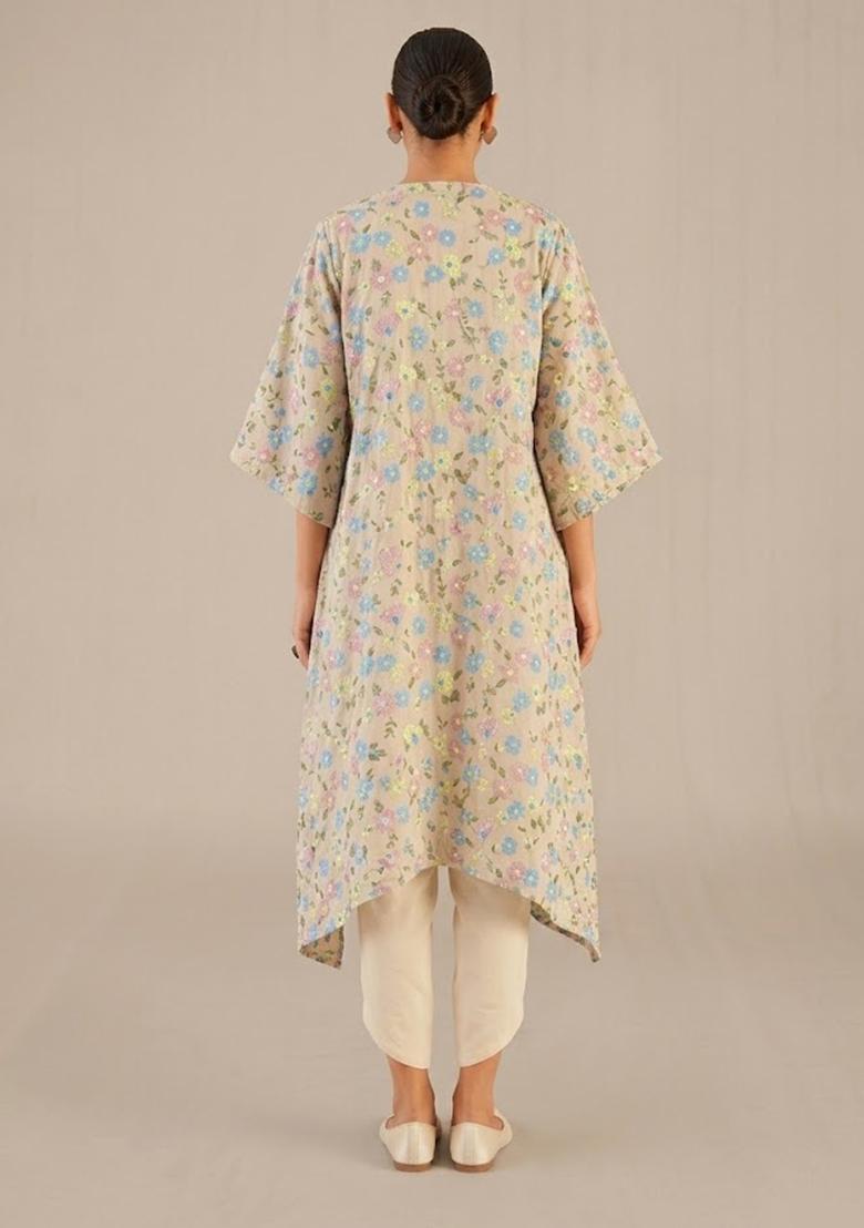 Soft Beige Embroidered Chanderi Fusion Set - Indya