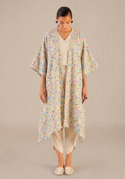 Soft Beige Embroidered Chanderi Fusion Set