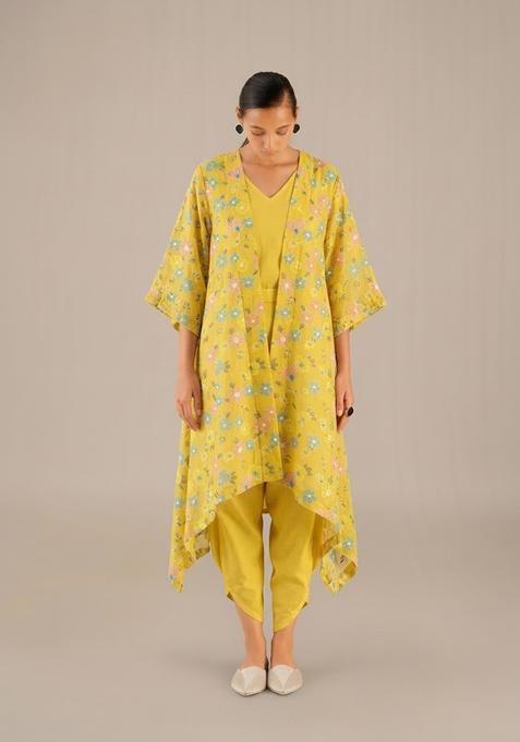 Chartreuse Yellow Embroidered Chanderi Fusion Set
