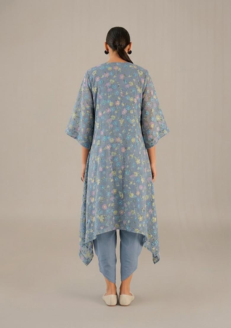 Steel Blue Embroidered Chanderi Fusion Set - Indya