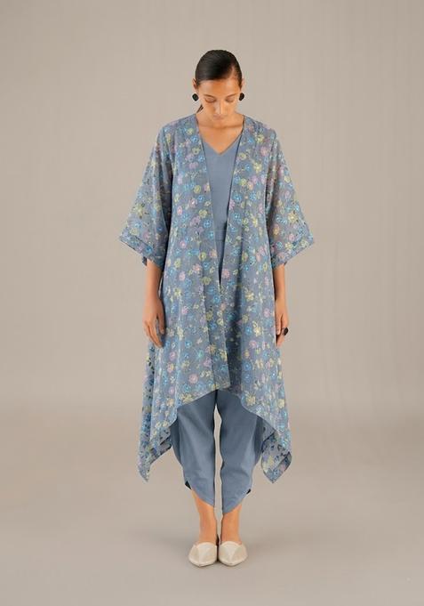 Steel Blue Embroidered Chanderi Fusion Set