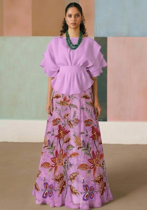 Lilac Embroidered Organza Lehenga Set