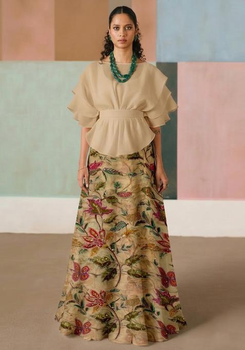 Beige Embroidered Organza Lehenga Set