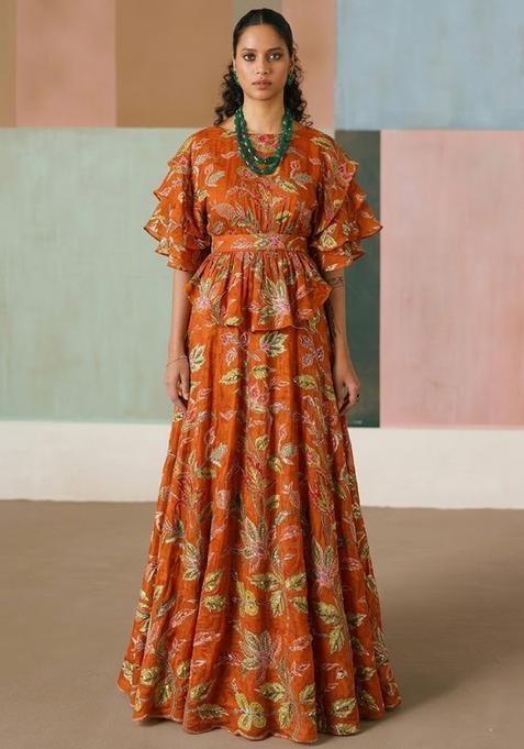 Rust Embroidered Organza Lehenga Set