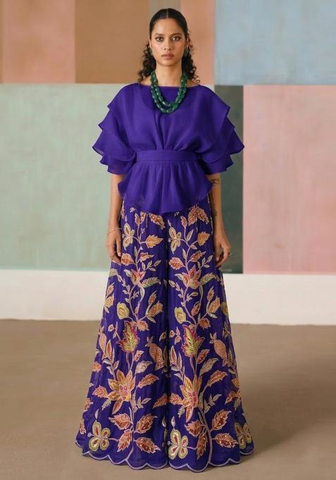 Navy Blue Embroidered Organza Lehenga Set