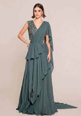 Teal Grey Embroidered Net Pre Draped Saree Set
