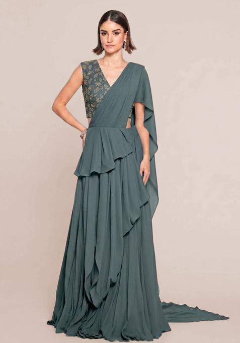 Teal Grey Embroidered Net Pre Draped Saree Set