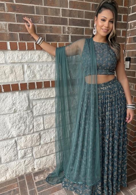 Teal Green Embroidered Net Lehenga Set