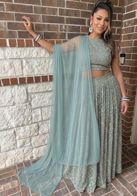 Pastel Blue Embroidered Net Lehenga Set