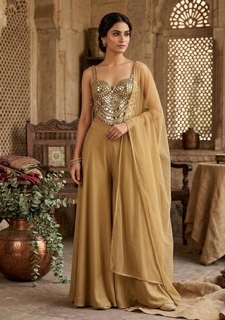 Beige Embellished Fusion Set - Indya