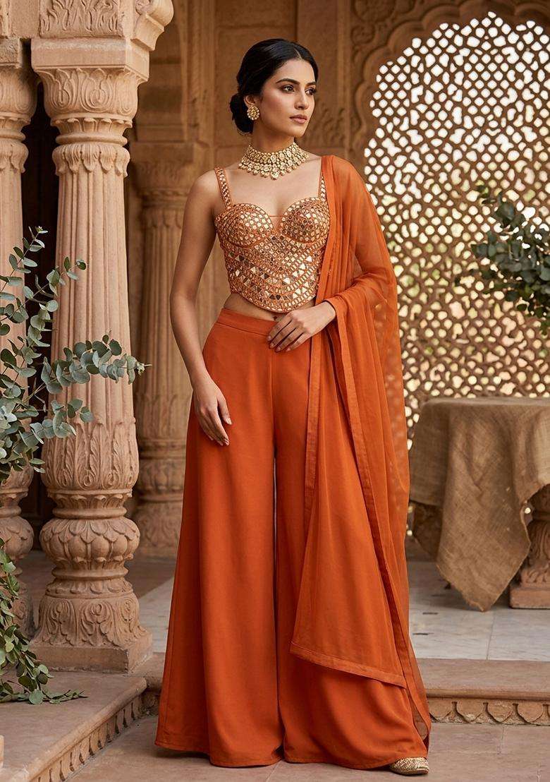 Burnt Orange Embellished Fusion Set - Indya