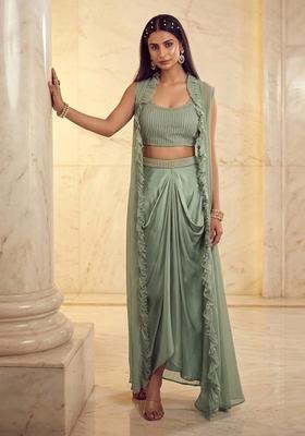 Mint Green Embroidered Handwork Fusion Set