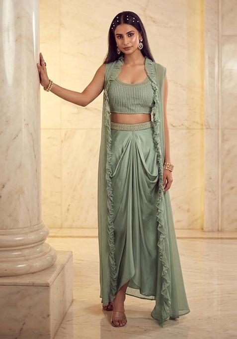 Mint Green Embroidered Handwork Fusion Set