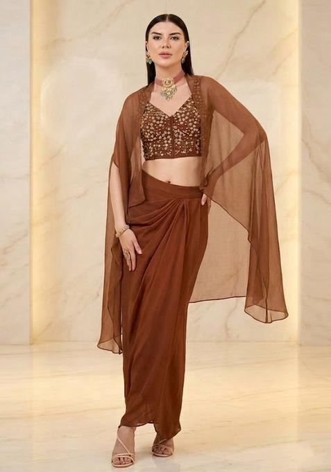 Chocolate Brown Embroidered Handwork Fusion Set