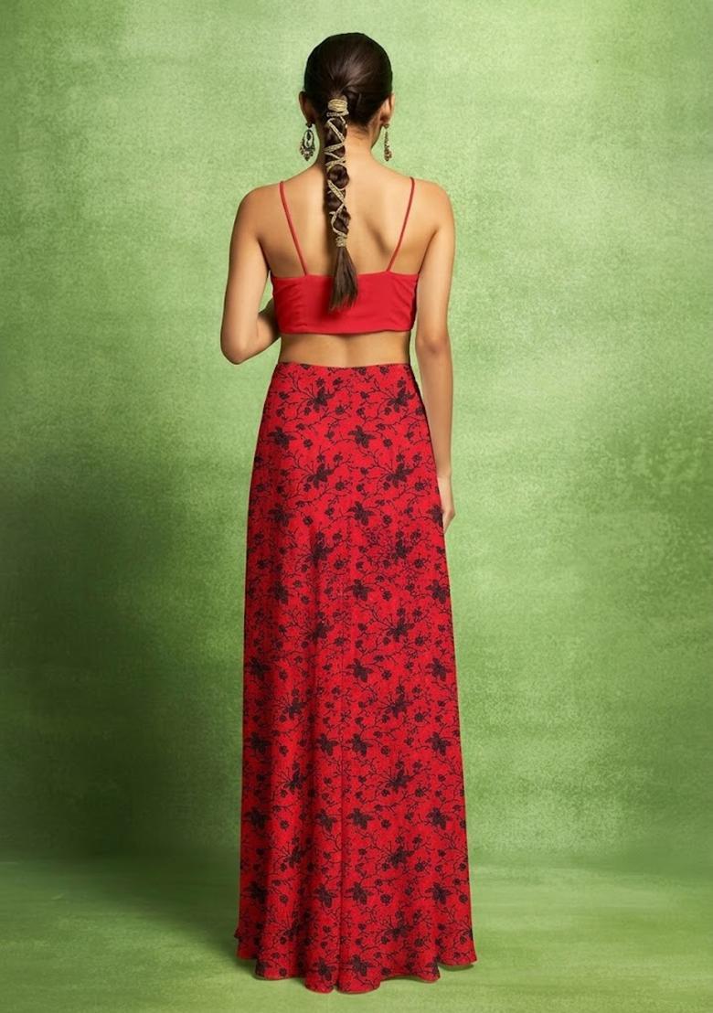 Cherry Red Embroidered Chanderi Fusion Set - Indya